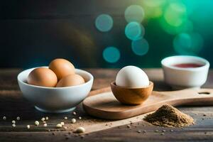 huevos en un cuenco y especias en un de madera mesa. generado por ai foto