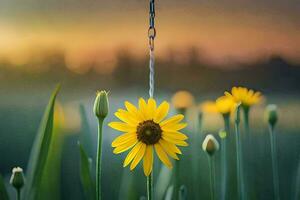 a yellow flower is hanging from a chain in a field. AI-Generated photo