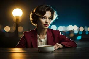 un mujer en un rojo traje sentado a un mesa con un taza de café. generado por ai foto