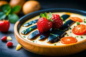 a bowl of yogurt with strawberries and tomatoes. AI-Generated photo