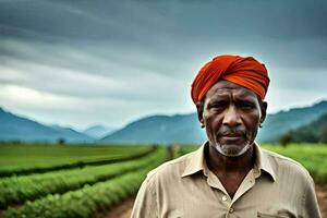 un hombre en un turbante soportes en un campo. generado por ai foto