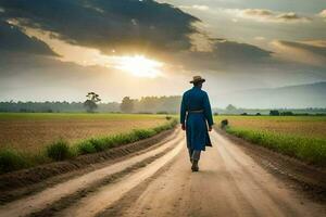 a man in a blue suit walks down a dirt road. AI-Generated photo