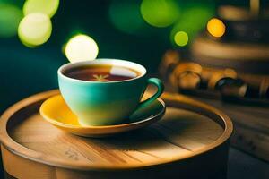 a cup of tea on a wooden tray. AI-Generated photo