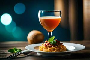 spaghetti with tomato sauce and a glass of orange juice. AI-Generated photo