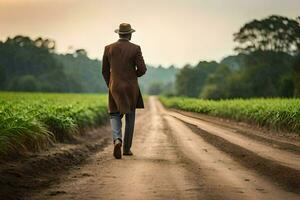 a man in a trench coat walks down a dirt road. AI-Generated photo