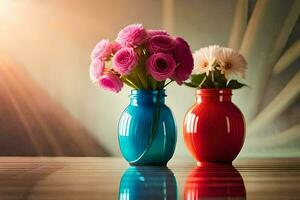 two colorful vases with flowers in them. AI-Generated photo