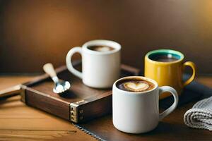 dos tazas de café en un de madera bandeja. generado por ai foto