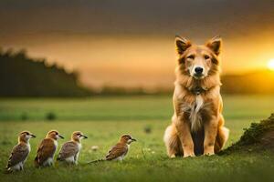 un perro y aves en un campo a puesta de sol. generado por ai foto