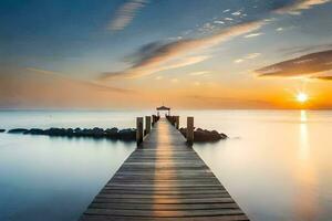 a long exposure photograph of a dock at sunset. AI-Generated photo