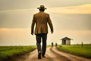 un hombre en un traje camina abajo un suciedad la carretera. generado por ai foto