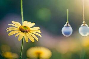 a yellow flower and two hanging drops. AI-Generated photo