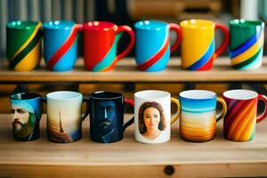 a row of colorful mugs with pictures of people on them. AI-Generated photo