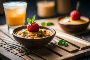 a bowl of noodles with strawberries and a glass of juice. AI-Generated photo