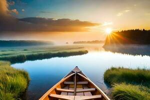 the sun rises over the water in a canoe. AI-Generated photo