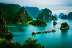 boats in the water near mountains. AI-Generated photo