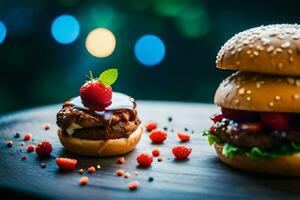 dos hamburguesas con fresas y chocolate en un de madera mesa. generado por ai foto