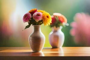 two vases with flowers sitting on a table. AI-Generated photo