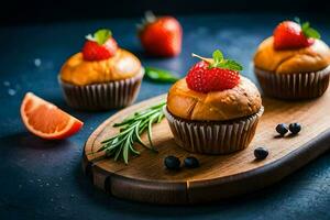 three muffins with strawberries and rosemary on a wooden cutting board. AI-Generated photo