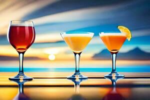 three glasses of different colored drinks on a table. AI-Generated photo