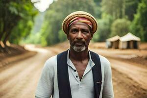 a man in a turban standing on a dirt road. AI-Generated photo