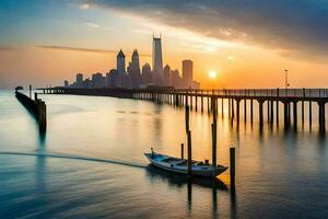 un barco es flotante en el agua cerca un ciudad horizonte. generado por ai foto