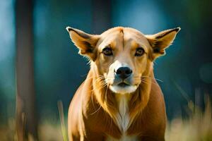 un marrón perro es en pie en el césped. generado por ai foto