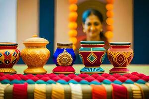 a table with colorful vases and a woman in the background. AI-Generated photo