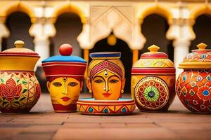 various colorful pots with faces painted on them. AI-Generated photo