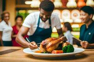 a man is serving a turkey on a plate. AI-Generated photo