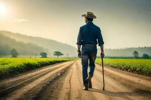 a man walking down a dirt road with a cane. AI-Generated photo