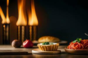 a table with food and candles. AI-Generated photo