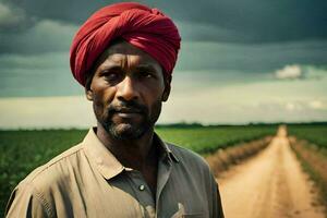 a man in a red turban stands in a field. AI-Generated photo