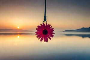 a pink flower hanging from a rope over a lake. AI-Generated photo