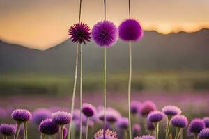 púrpura flores en un campo con montañas en el antecedentes. generado por ai foto