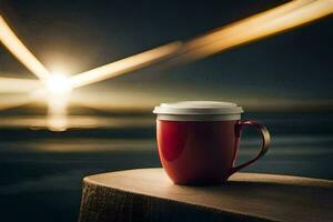 coffee cup on a wooden table with the sun in the background. AI-Generated photo