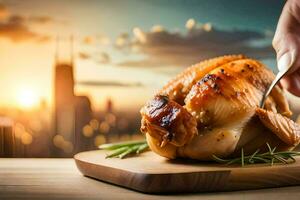 un persona es participación un cuchillo y tenedor terminado un asado pollo. generado por ai foto