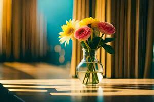 a vase with flowers sitting on a table in front of a window. AI-Generated photo