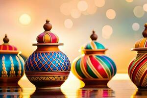 colorful pottery vases on a table with a bright background. AI-Generated photo