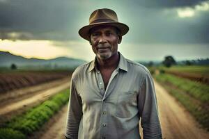 a man in a hat standing in a dirt road. AI-Generated photo