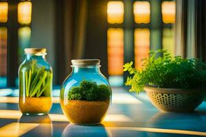 two jars with plants in them on a table. AI-Generated photo