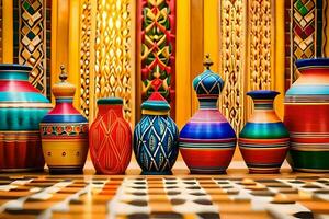 colorful vases are lined up on a table. AI-Generated photo