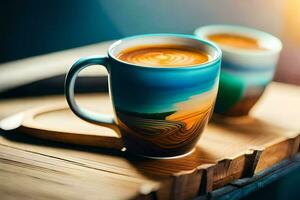 two coffee cups with a colorful design on them. AI-Generated photo
