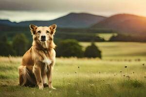 a dog sitting in the middle of a field. AI-Generated photo