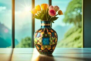 a vase with flowers on a table in front of a window. AI-Generated photo