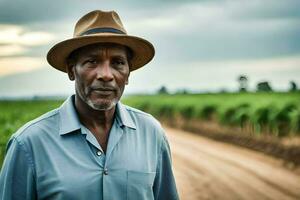 a man in a hat stands in a field. AI-Generated photo