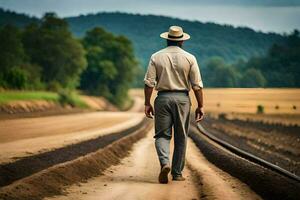 a man in a hat walks down a dirt road. AI-Generated photo