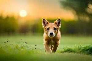 a puppy running through a field at sunset. AI-Generated photo