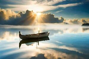 un barco en el agua con nubes reflejando en el agua. generado por ai foto