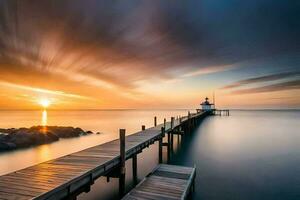 a long exposure photograph of a dock at sunset. AI-Generated photo