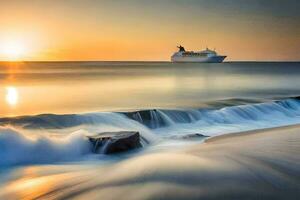 un crucero Embarcacion en el Oceano a puesta de sol. generado por ai foto